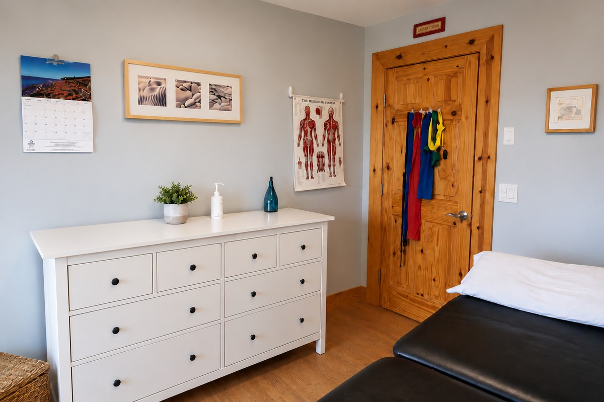 Bright therapy treatment room with white dresser, anatomy chart, resistance bands and treatment table.